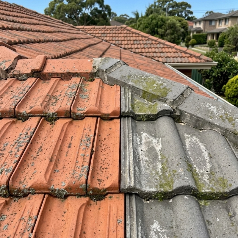Terracotta and concrete roof tiles showing different types of staining